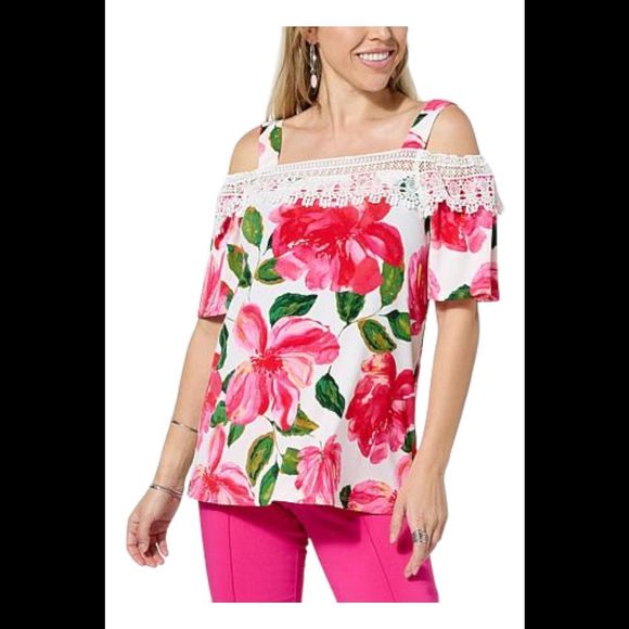 Nina Leonard Tops - Nina Leonard Printed Cold-Shoulder Top Dragonfruit - Regular